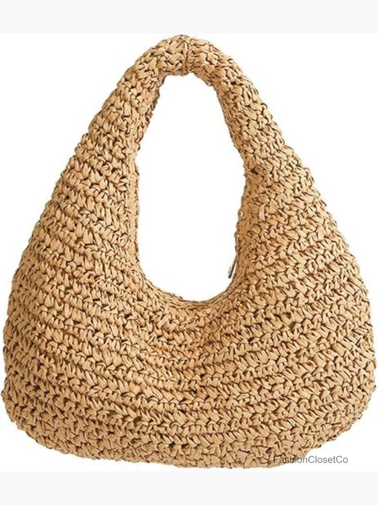 Crescent Straw Shoulder Handbag Summer Beach Tote Raffia Woven Hobo Bag Underarm